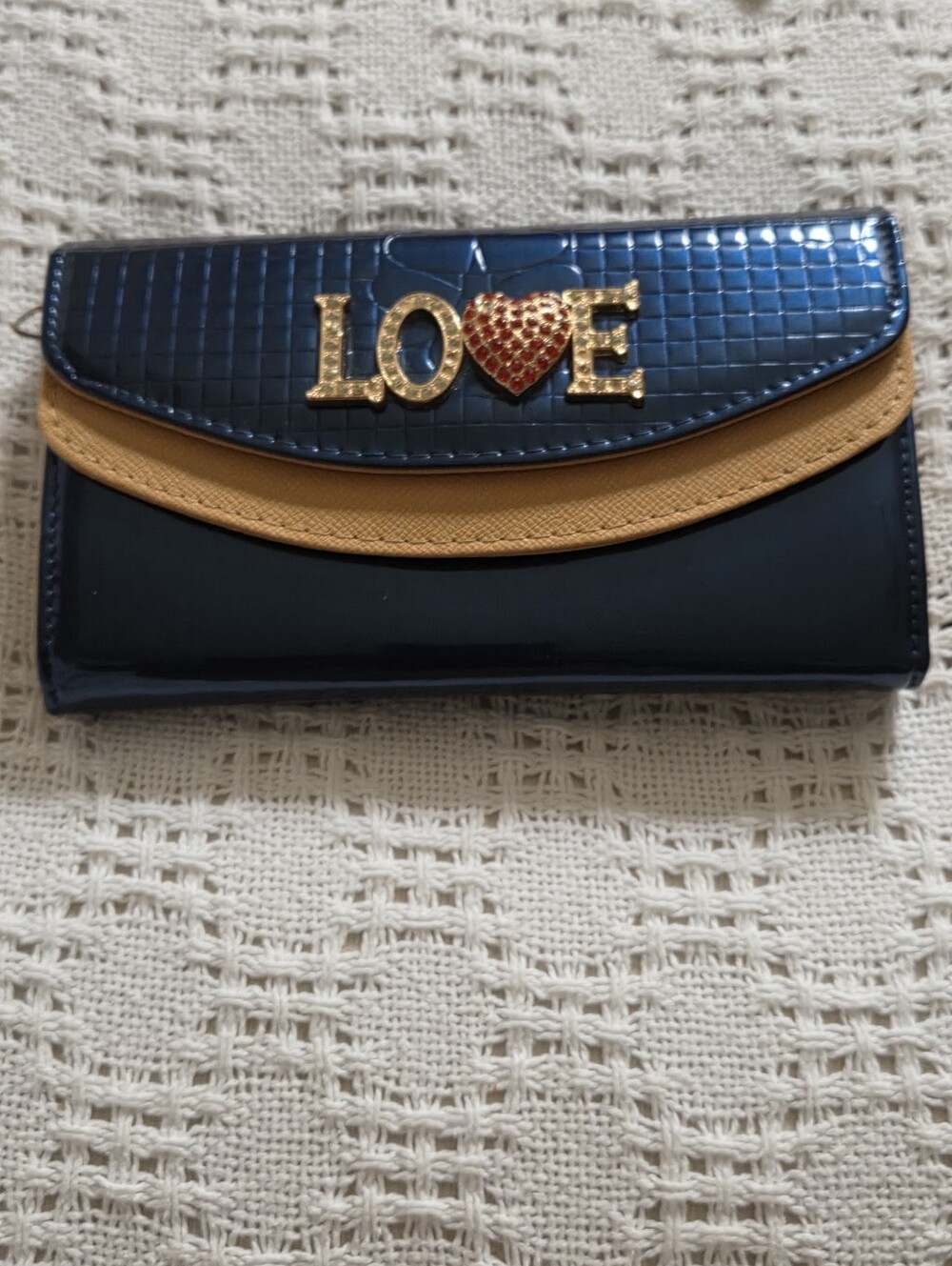 Navy and Tan 'LOVE' Patent Clutch Wallet